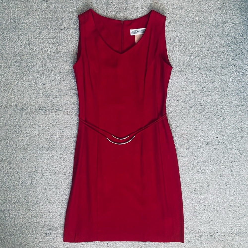 Jessica Howard Red Dress ~Size 12 ~Sleeveless Shift Classic Fit with Front Belts
